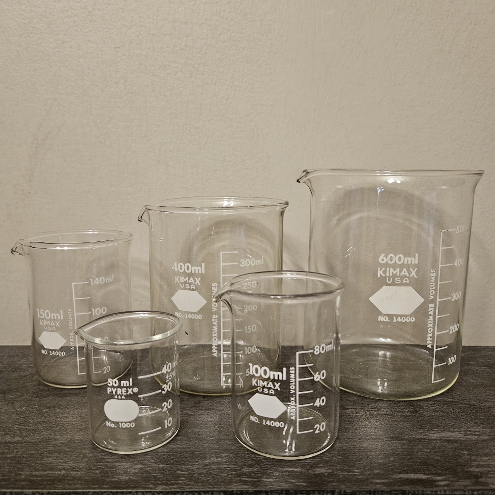 Vintage Kimax Pyrex Graduated Beakers Glass Measuring Cups Set of 5